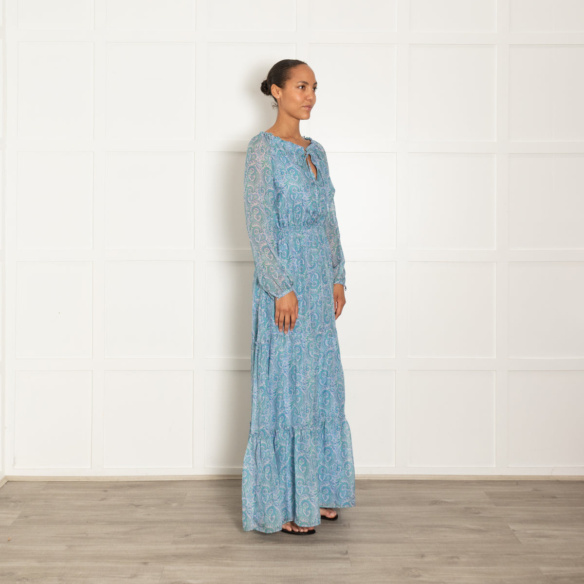Ridley Lilac Blue Silk Floral Long Sleeve Tie Maxi Dress