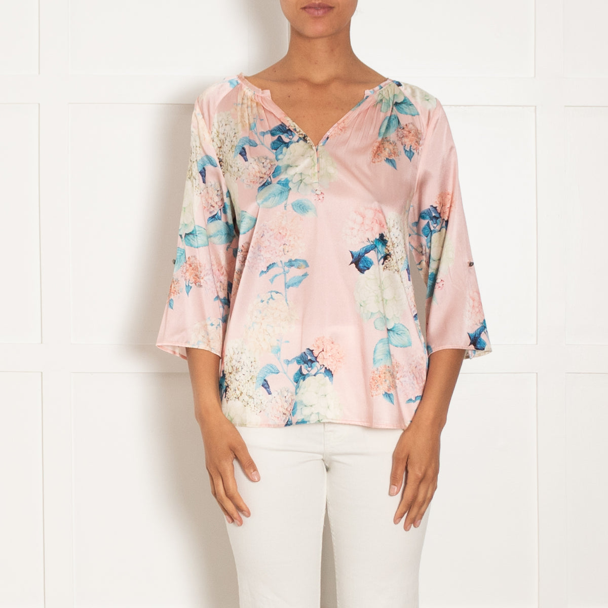 Dea Kudibal Pink Silk Mix Top With Blue Floral Print