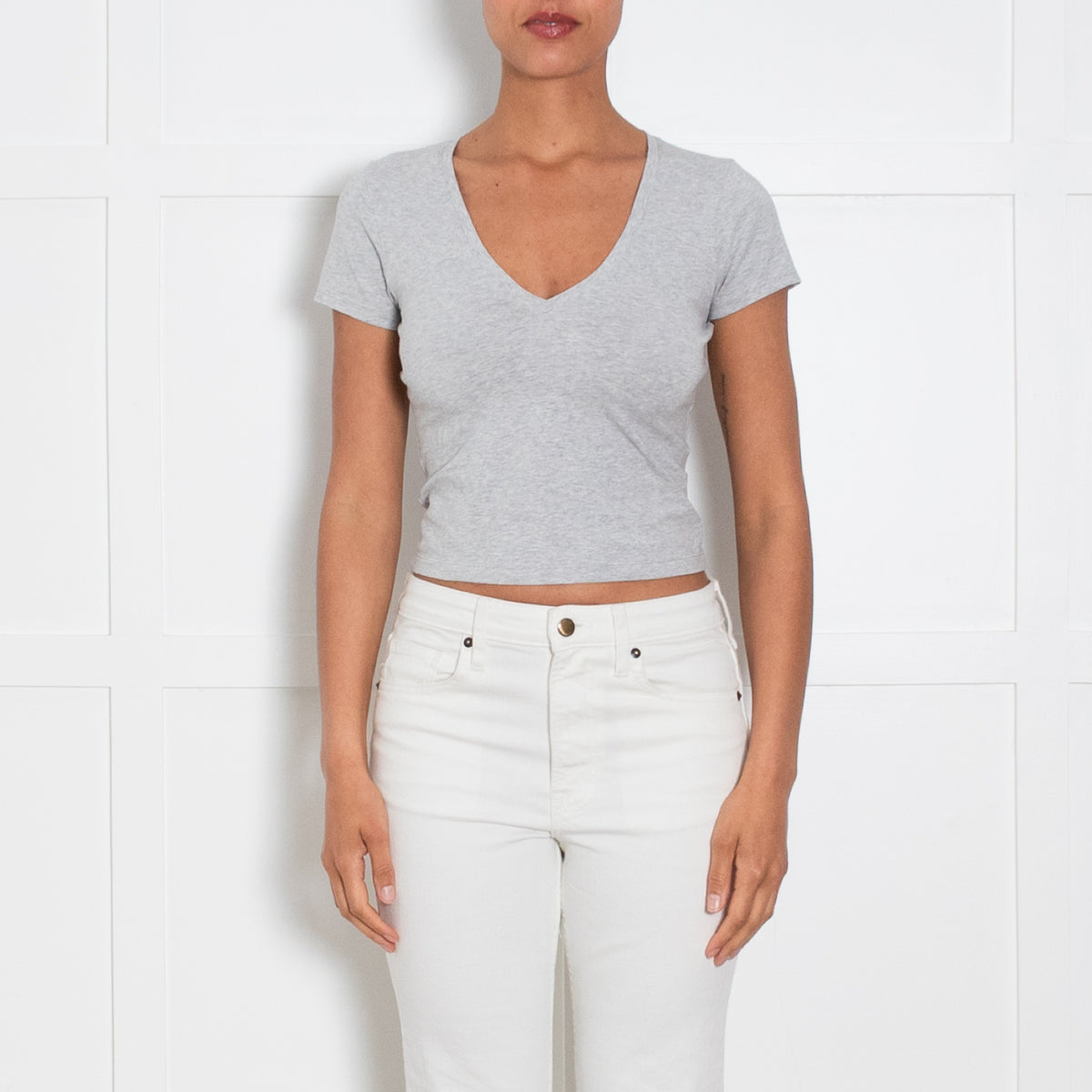 Good American Grey Marl V Neck Stretch T-Shirt