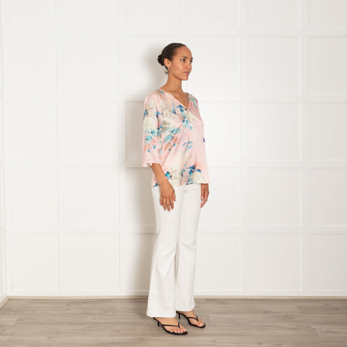 Dea Kudibal Pink Silk Mix Top With Blue Floral Print