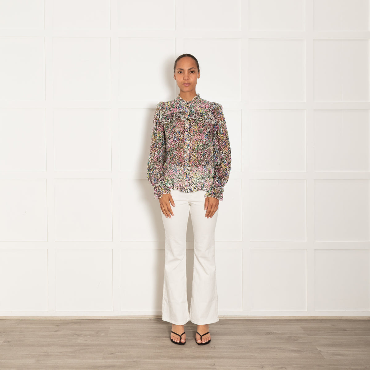 Me + Em Small Floral Confetti  Print Silk Blend Ruffle Blouse
