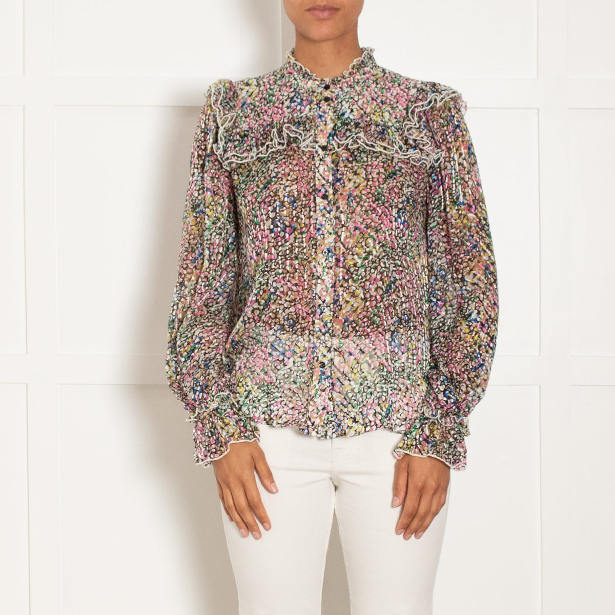 Me + Em Small Floral Confetti  Print Silk Blend Ruffle Blouse