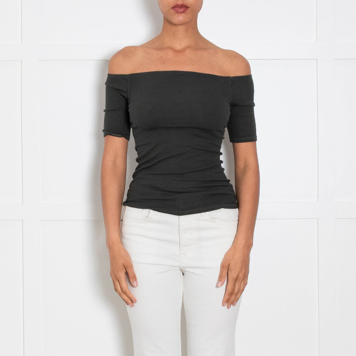 Enza Costa Green Ribbed Boat Neck Top