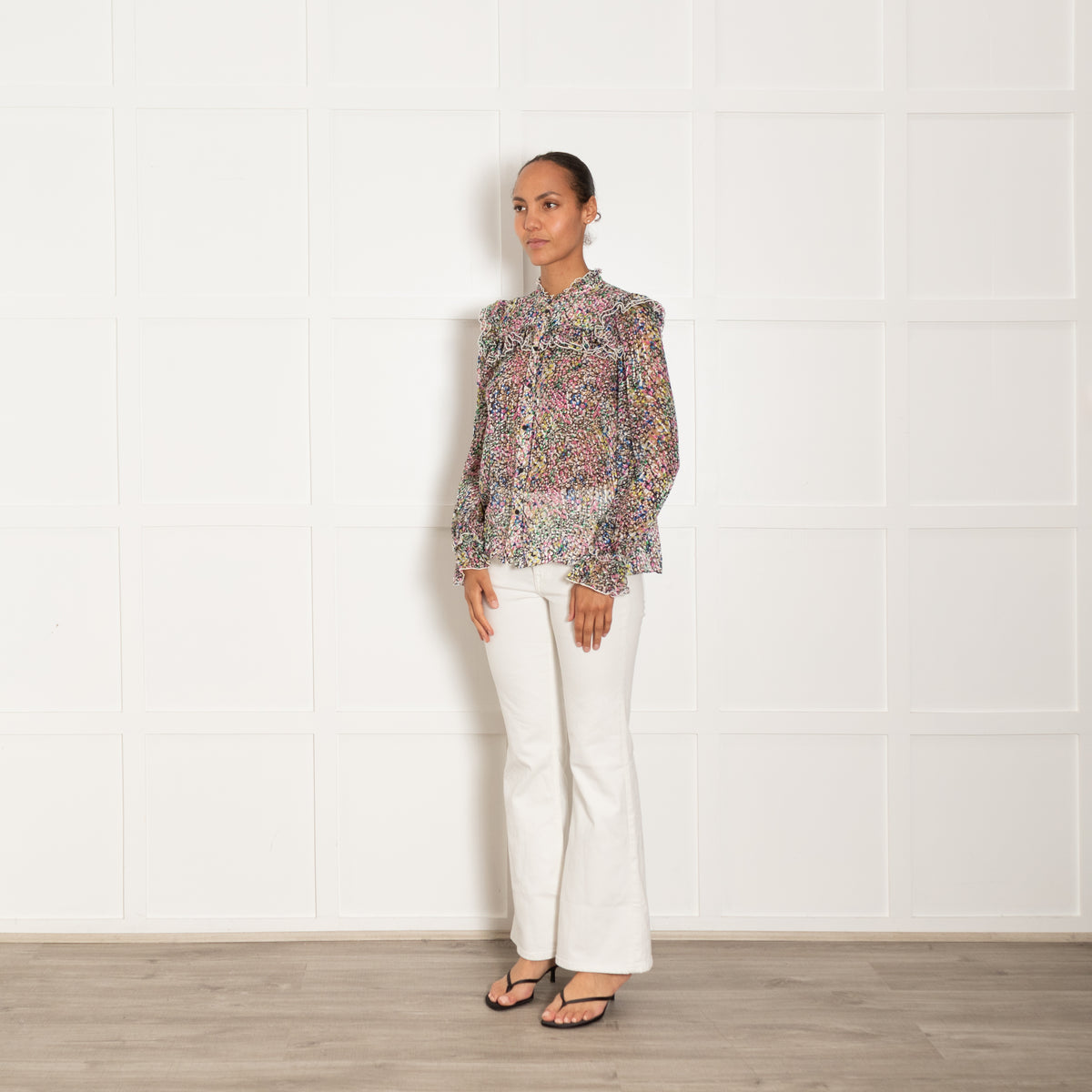 Me + Em Small Floral Confetti  Print Silk Blend Ruffle Blouse