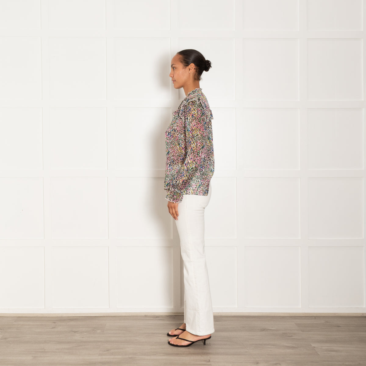 Me + Em Small Floral Confetti  Print Silk Blend Ruffle Blouse