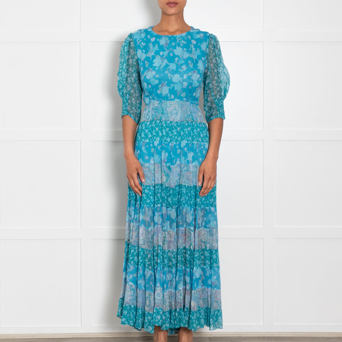Rixo Blue Floral Tiered Tie Back Maxi Dress