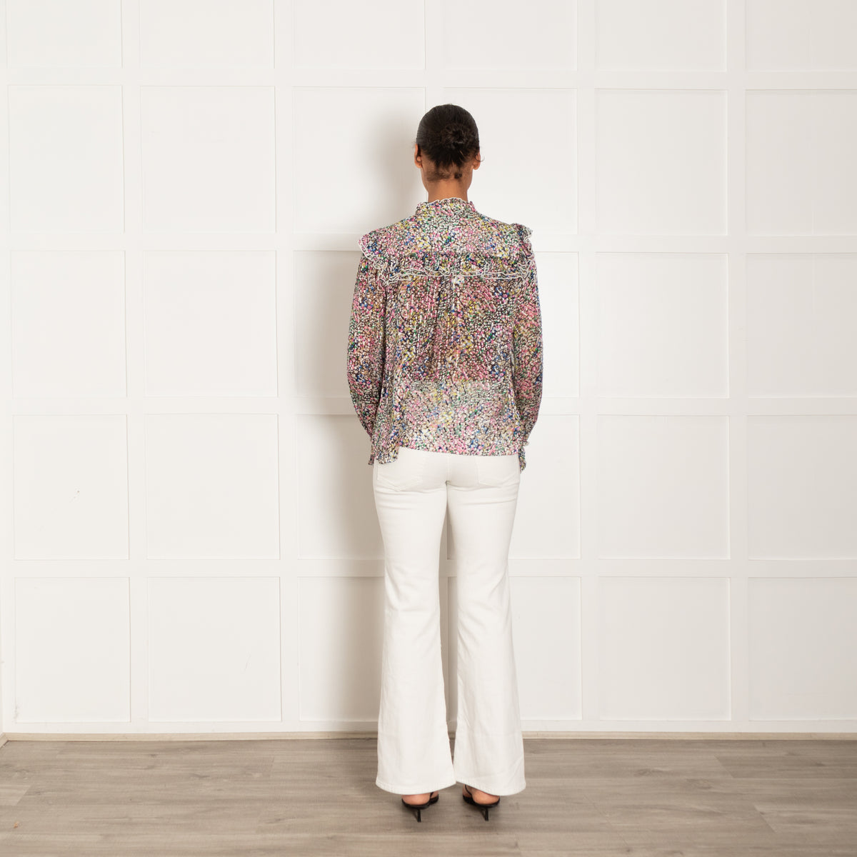 Me + Em Small Floral Confetti  Print Silk Blend Ruffle Blouse