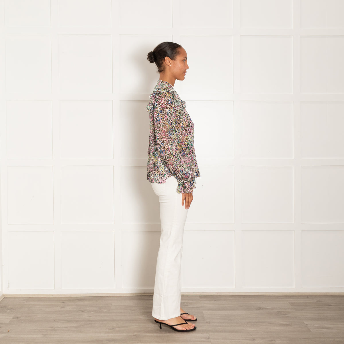 Me + Em Small Floral Confetti  Print Silk Blend Ruffle Blouse