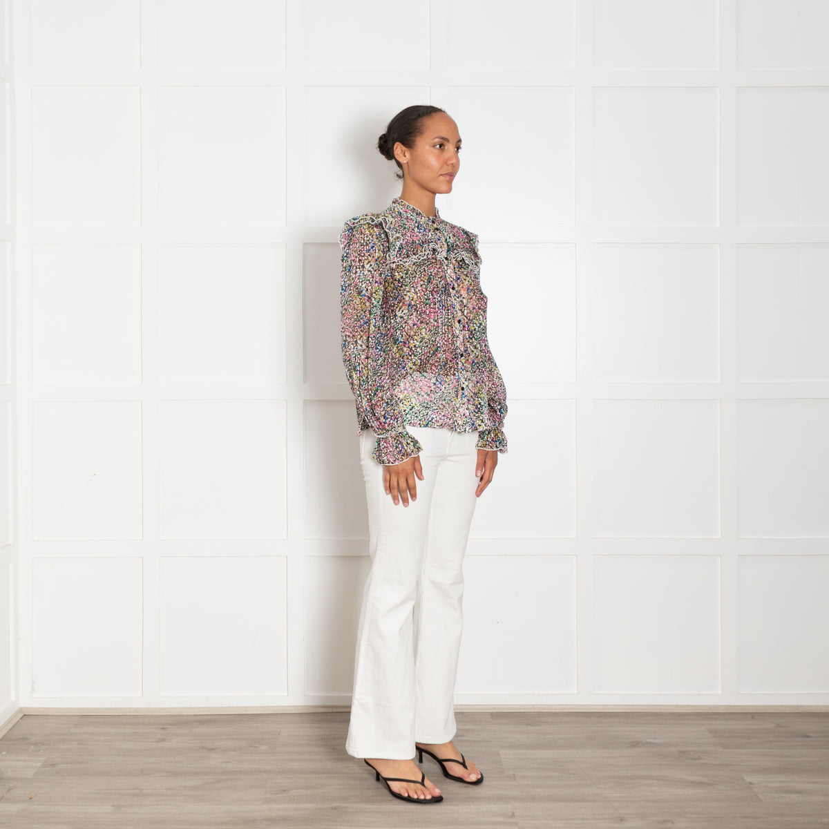 Me + Em Small Floral Confetti  Print Silk Blend Ruffle Blouse