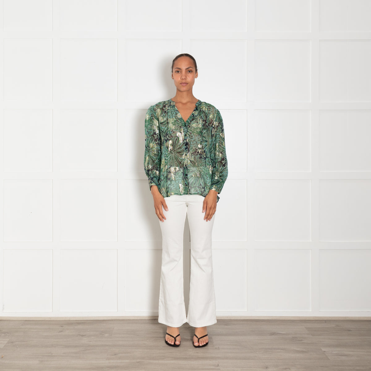 BA&SH Green Waterclolur Print With Gold Thread Quincy Blouse