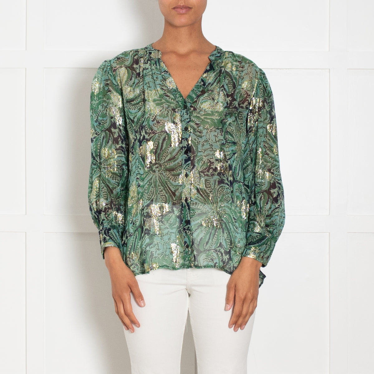 BA&SH Green Waterclolur Print With Gold Thread Quincy Blouse