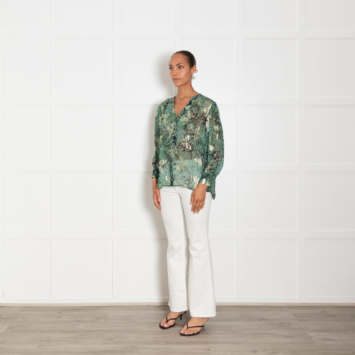BA&SH Green Waterclolur Print With Gold Thread Quincy Blouse