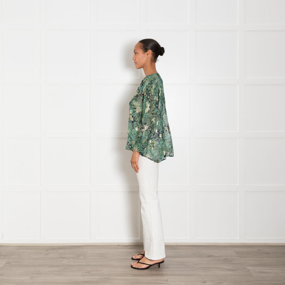 BA&SH Green Waterclolur Print With Gold Thread Quincy Blouse