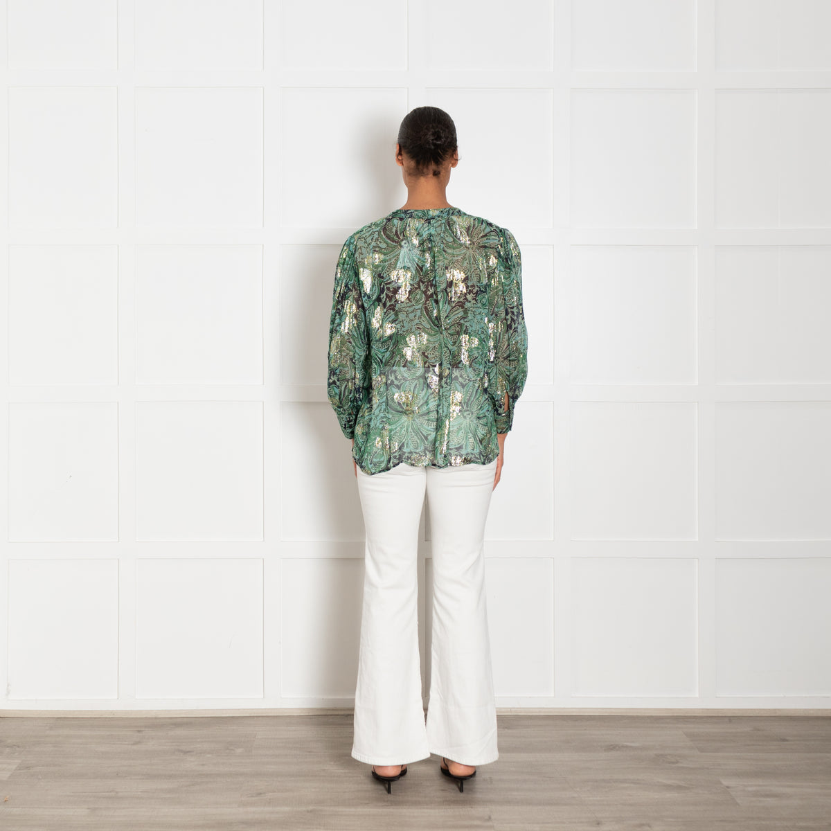 BA&SH Green Waterclolur Print With Gold Thread Quincy Blouse