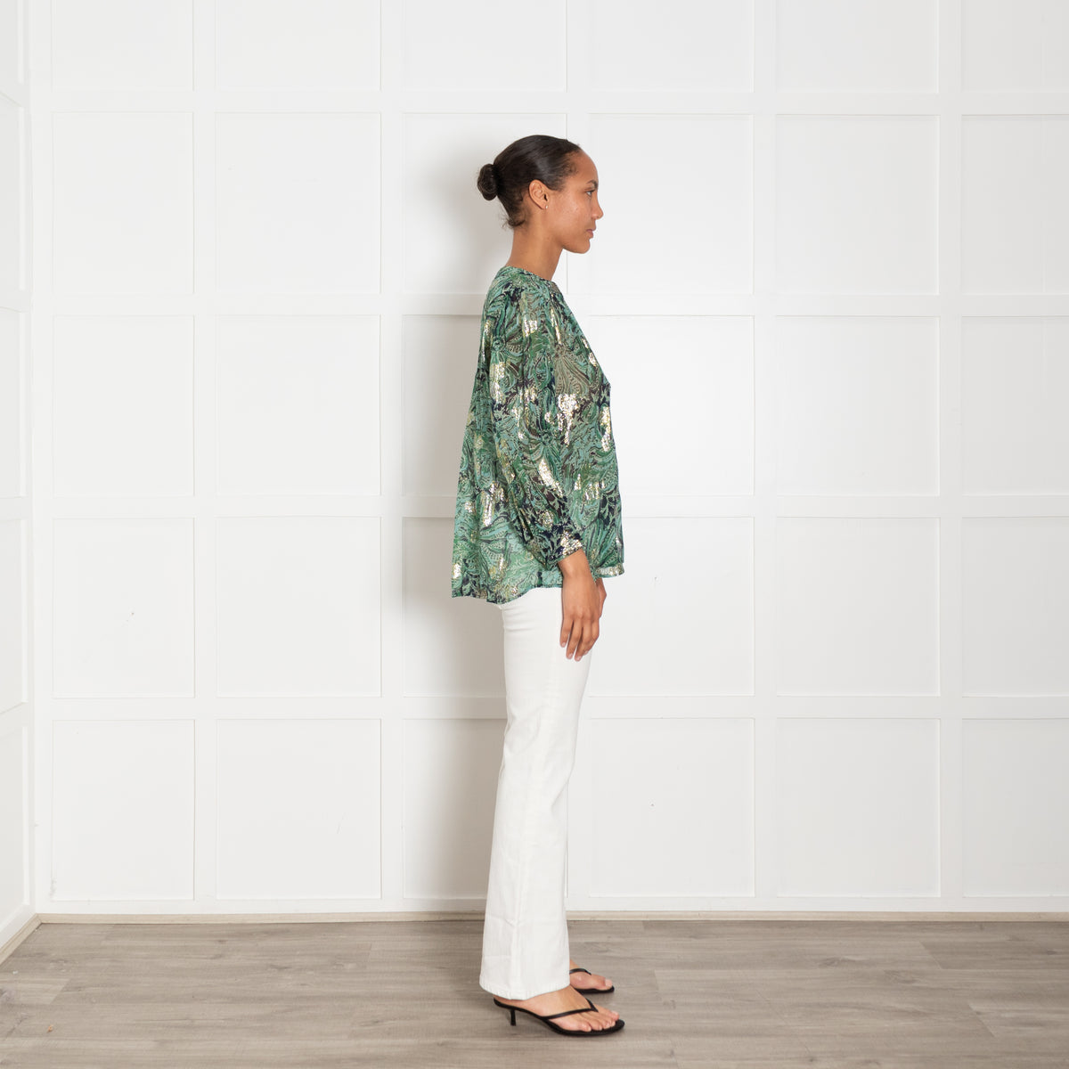 BA&SH Green Waterclolur Print With Gold Thread Quincy Blouse