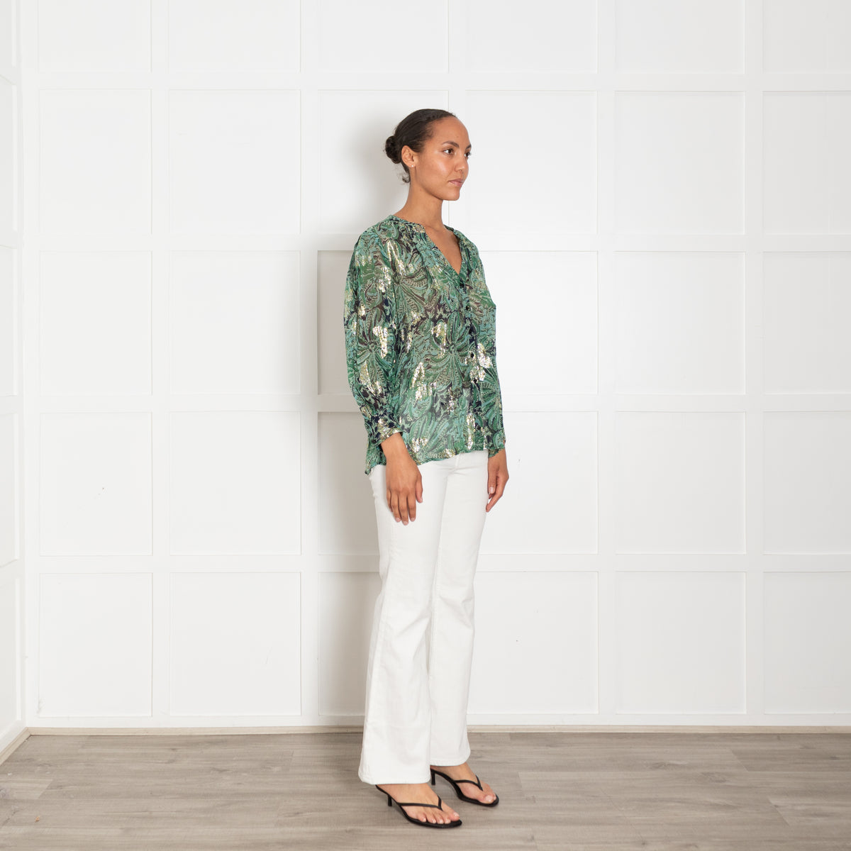 BA&SH Green Waterclolur Print With Gold Thread Quincy Blouse