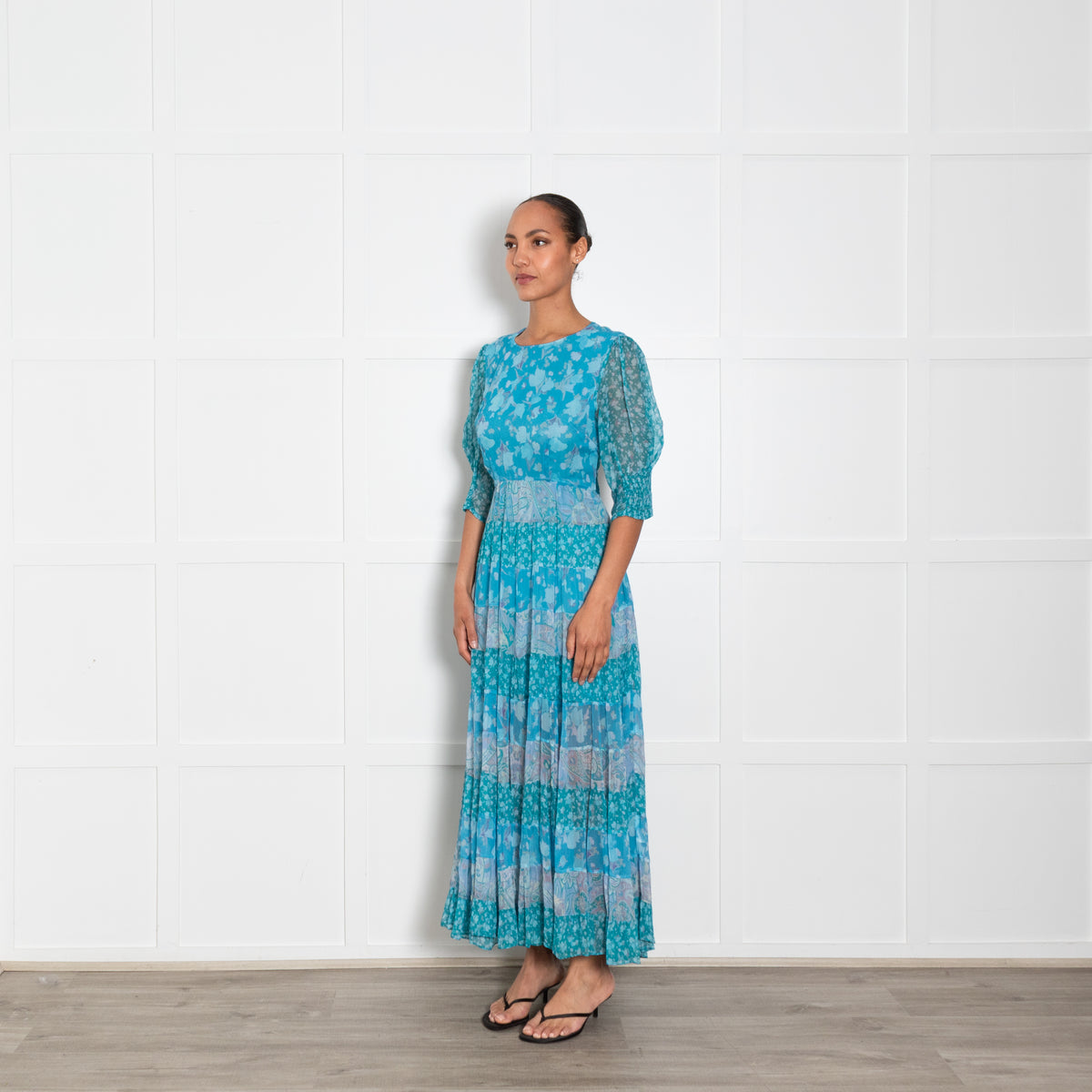 Rixo Blue Floral Tiered Tie Back Maxi Dress