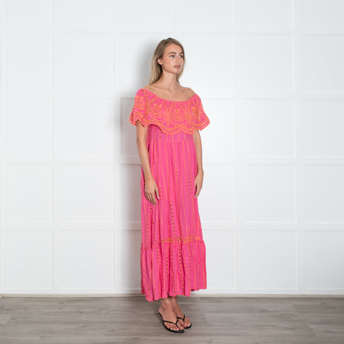 Valerie Khalfon Pink And Orange Broderie Anglaise Dress
