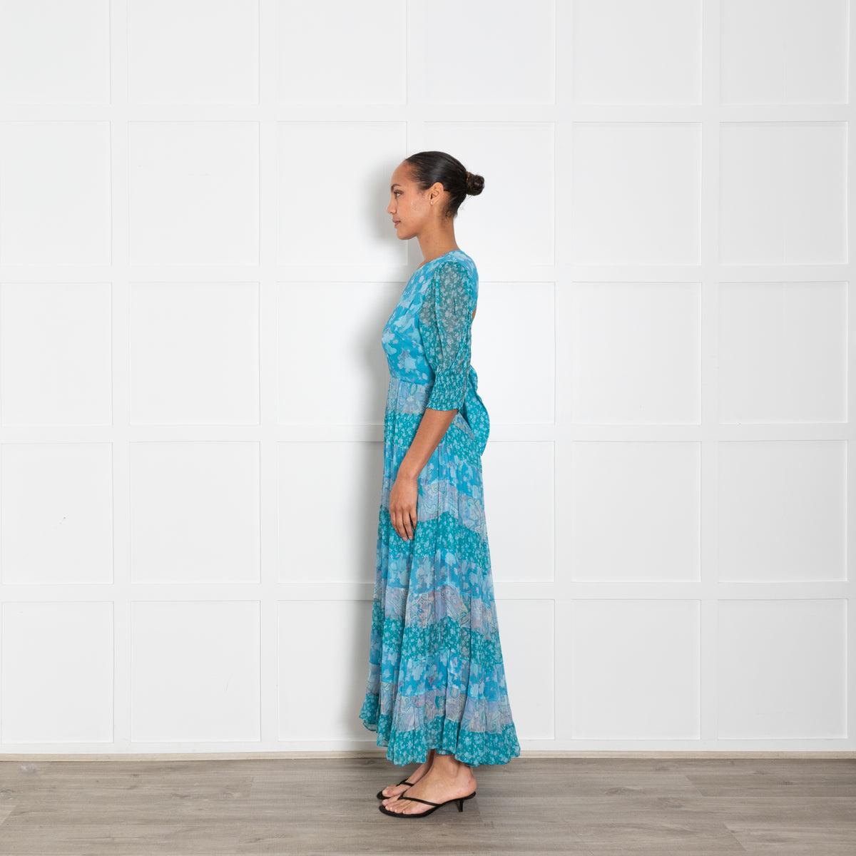 Rixo Blue Floral Tiered Tie Back Maxi Dress