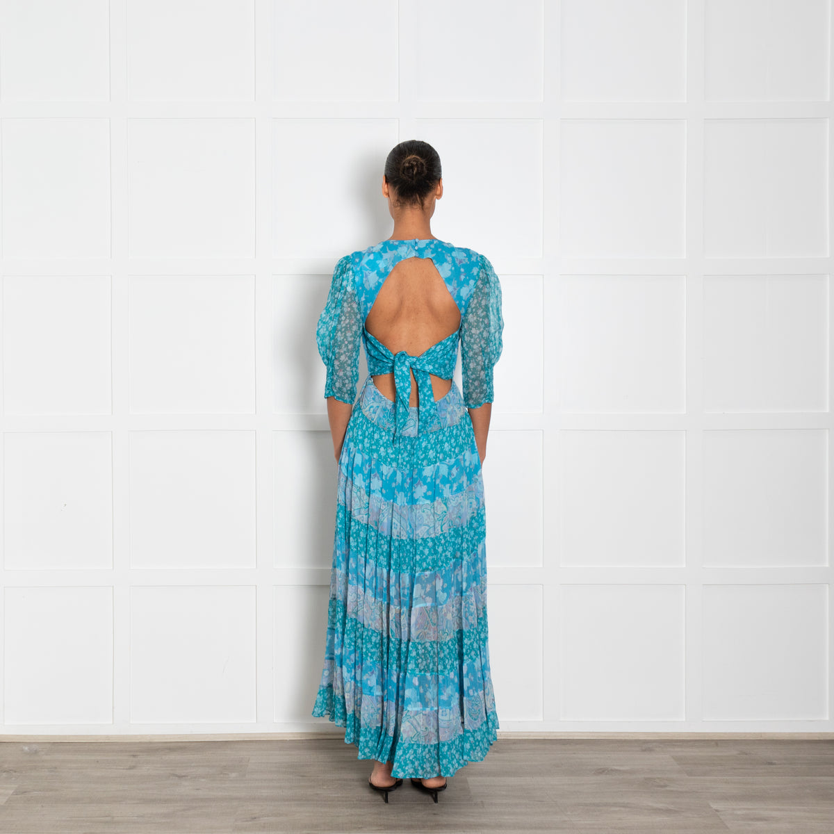 Rixo Blue Floral Tiered Tie Back Maxi Dress