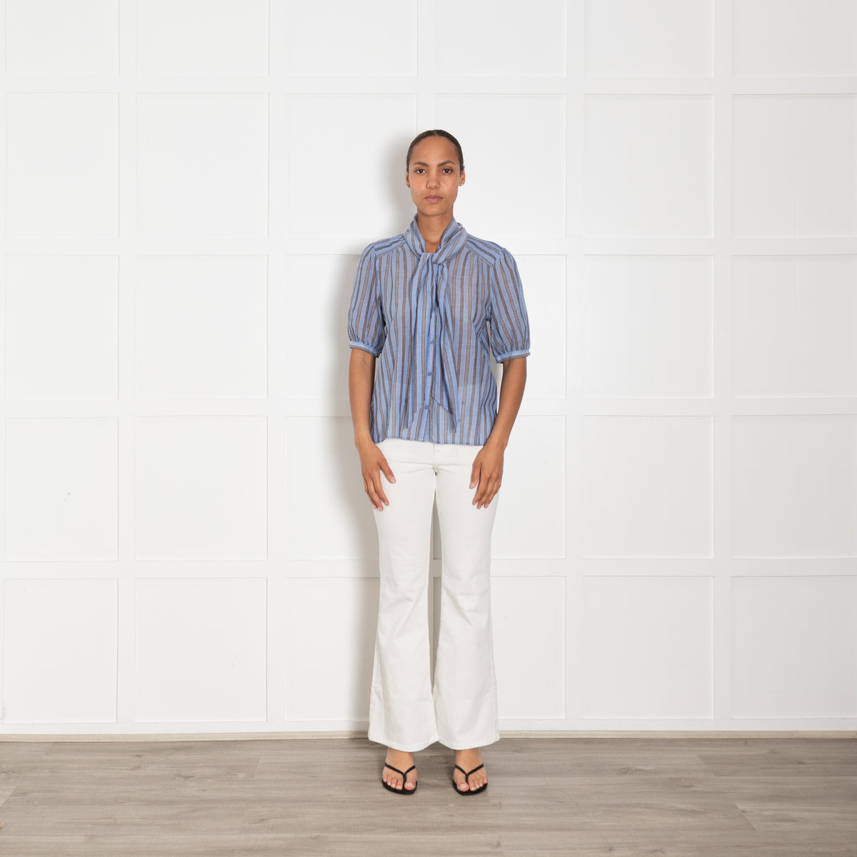 Me + Em Blue And Grey Striped Cotton Top With Puff Sleeve