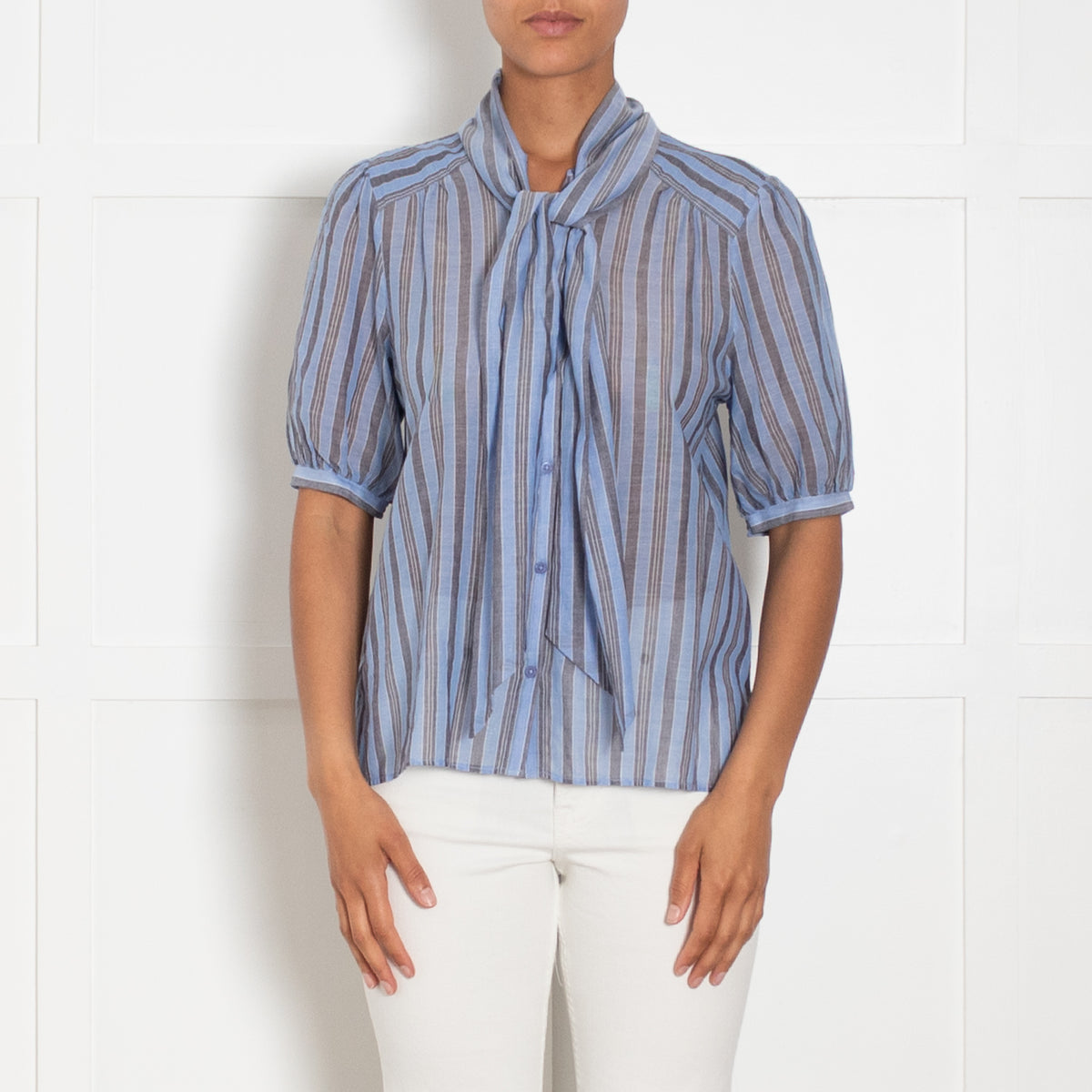 Me + Em Blue And Grey Striped Cotton Top With Puff Sleeve