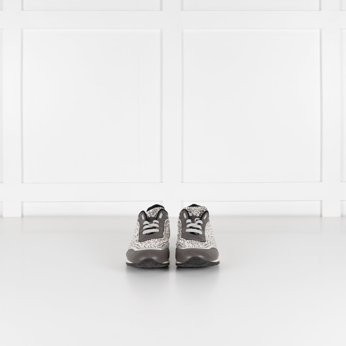 Gina Grey Leather Silver Diamanté Trainers