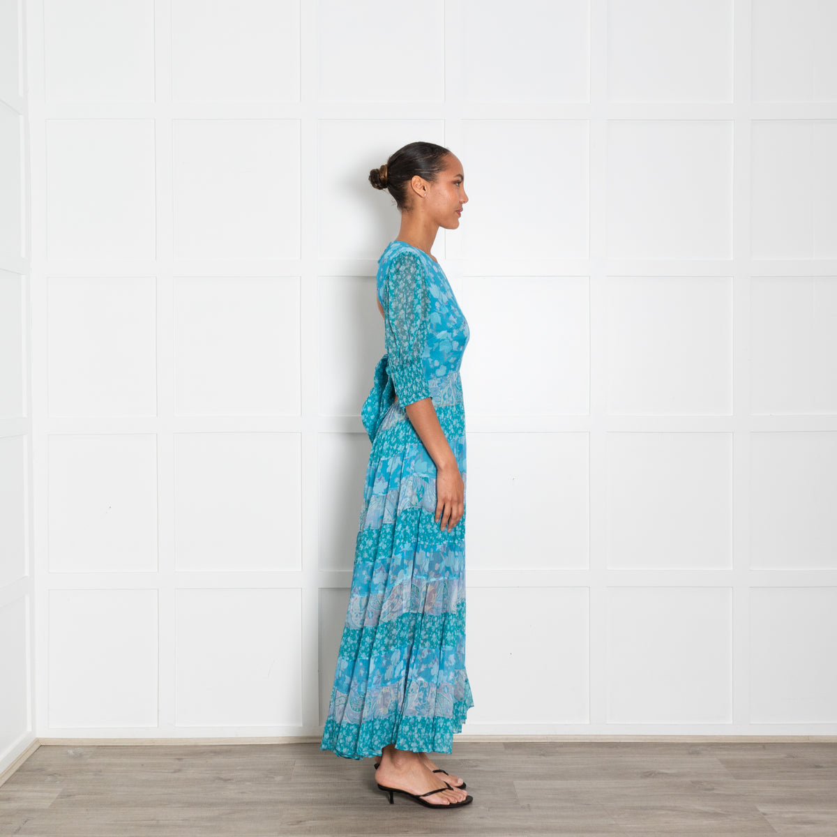 Rixo Blue Floral Tiered Tie Back Maxi Dress