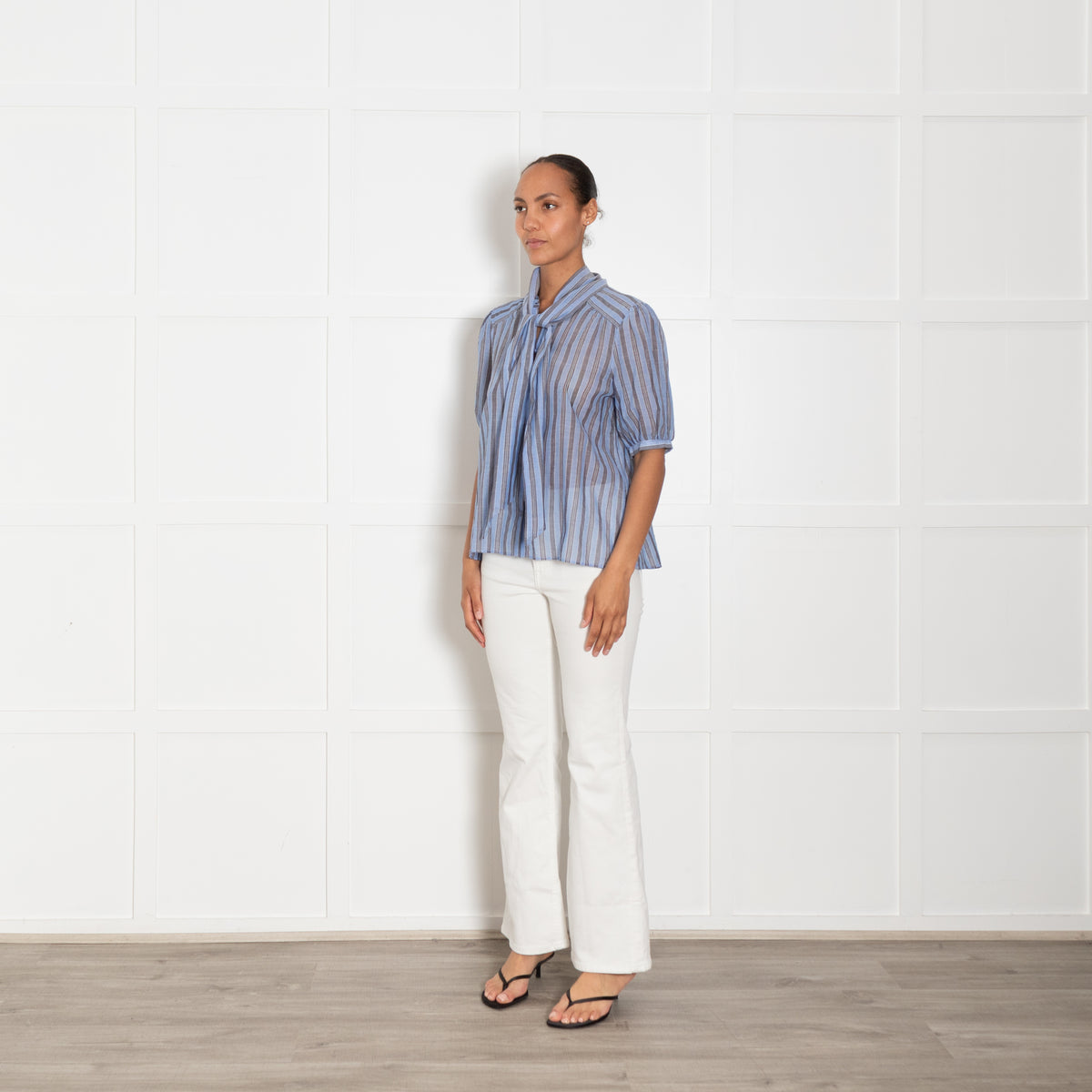Me + Em Blue And Grey Striped Cotton Top With Puff Sleeve