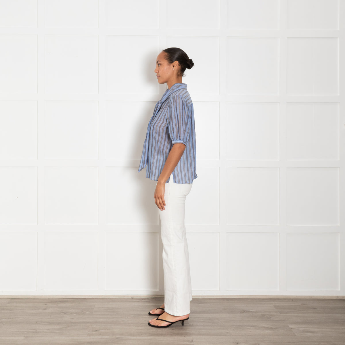 Me + Em Blue And Grey Striped Cotton Top With Puff Sleeve
