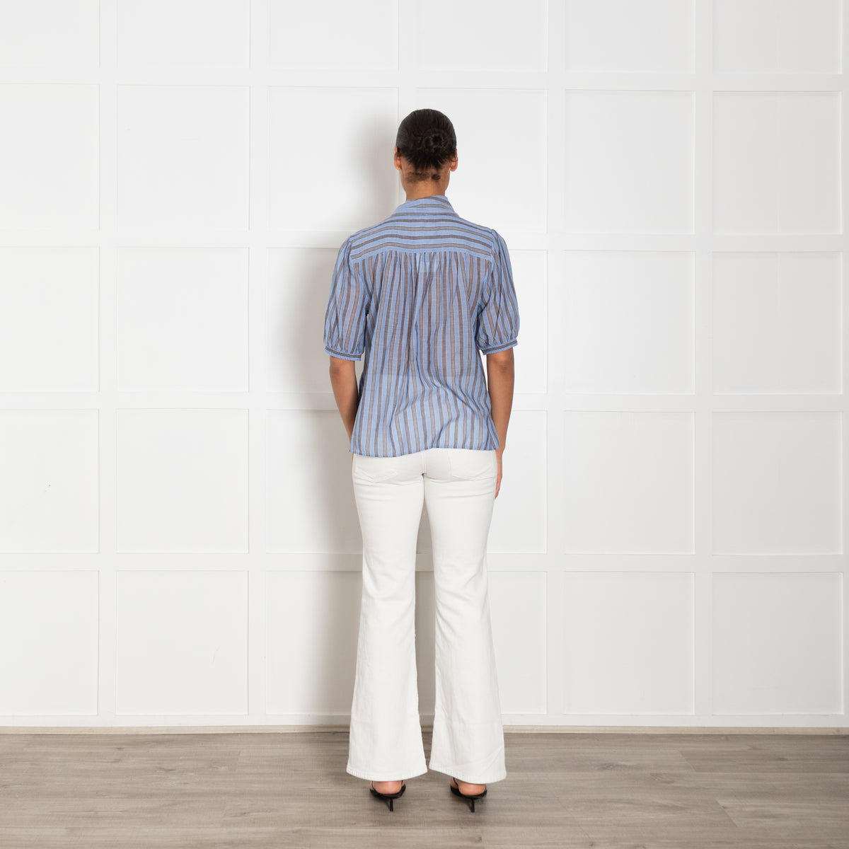 Me + Em Blue And Grey Striped Cotton Top With Puff Sleeve