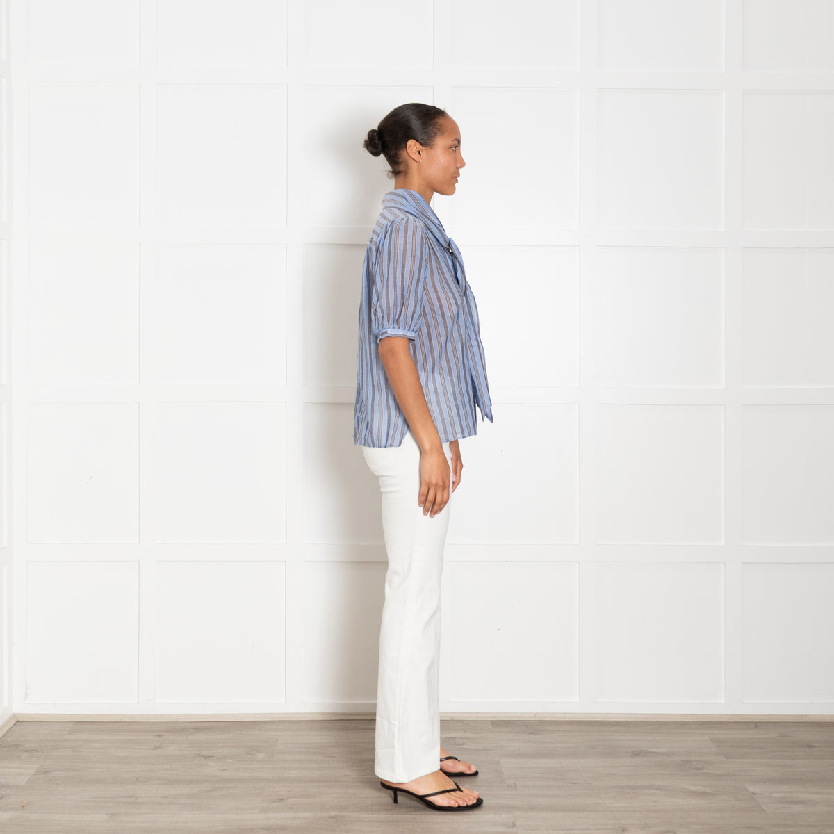 Me + Em Blue And Grey Striped Cotton Top With Puff Sleeve