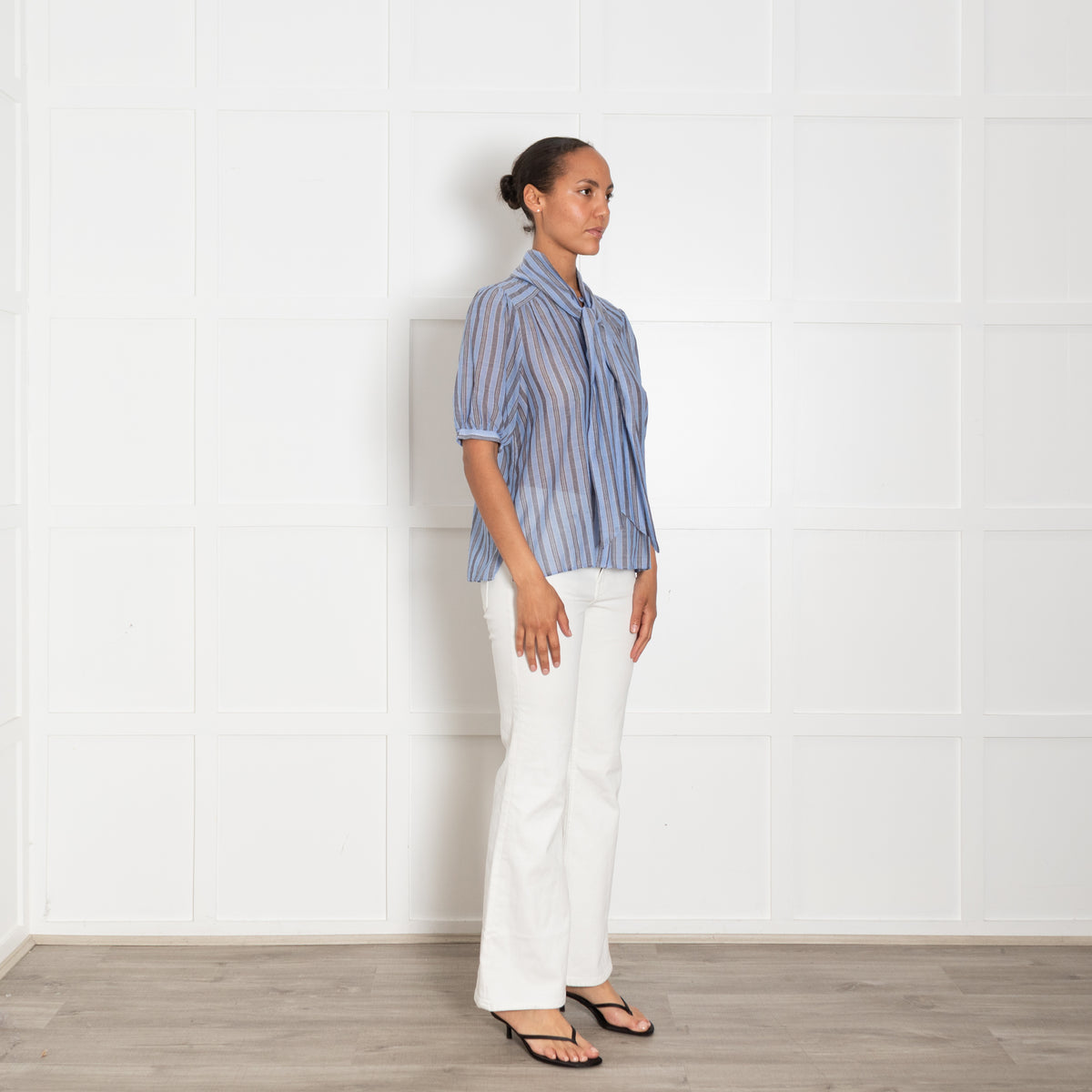 Me + Em Blue And Grey Striped Cotton Top With Puff Sleeve