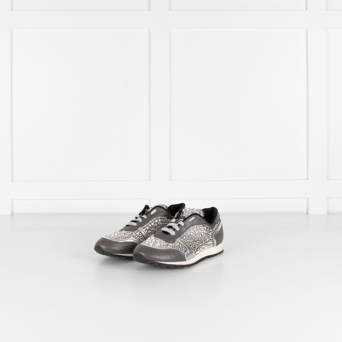 Gina Grey Leather Silver Diamanté Trainers