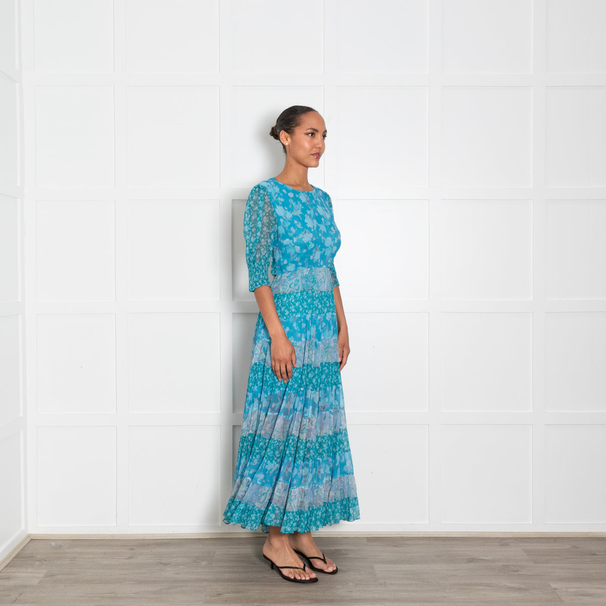 Rixo Blue Floral Tiered Tie Back Maxi Dress