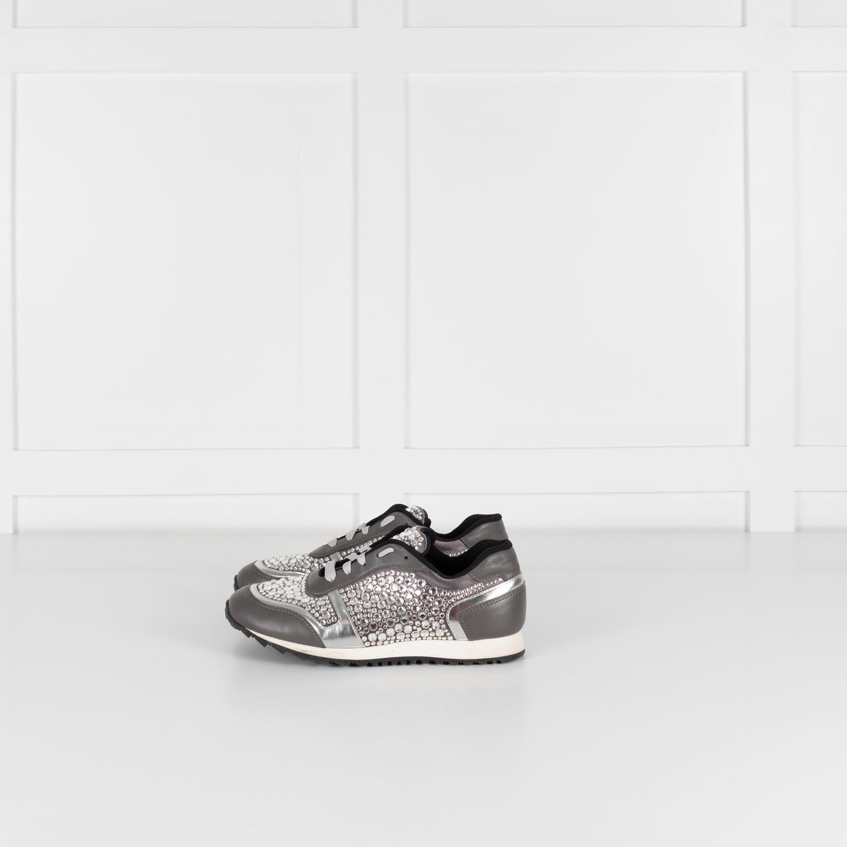 Gina Grey Leather Silver Diamanté Trainers