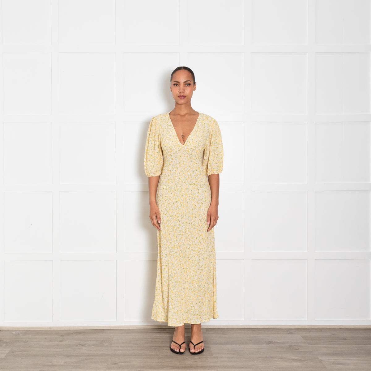 Rixo Yellow Floral Tea Dress with Gingham Tie Back