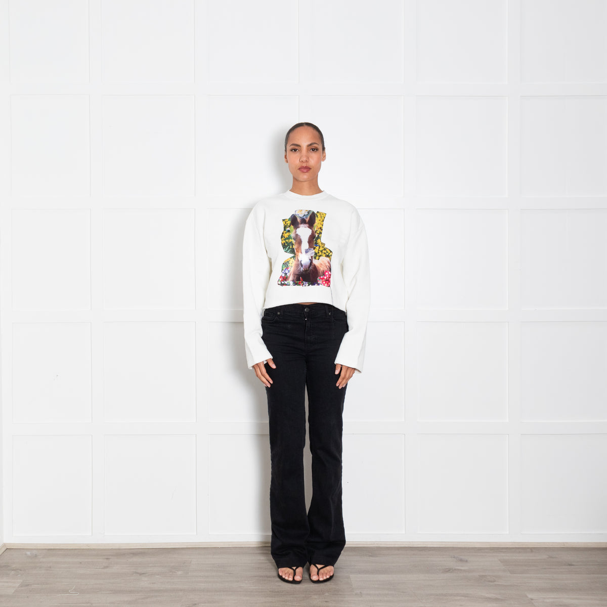 Acne Studios Cream Cropped Sweatshirt With Horse Print