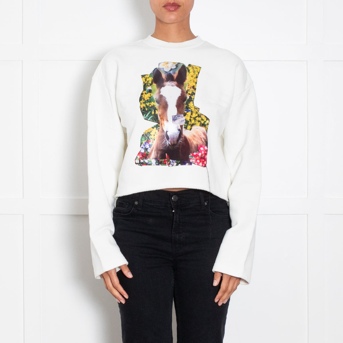 Acne Studios Cream Cropped Sweatshirt With Horse Print