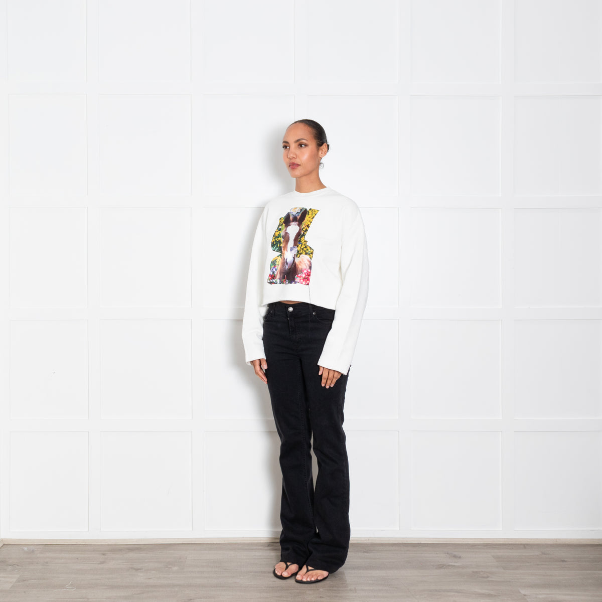 Acne Studios Cream Cropped Sweatshirt With Horse Print
