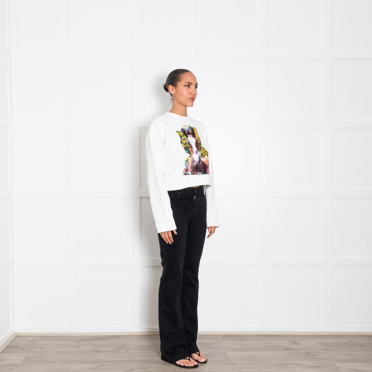 Acne Studios Cream Cropped Sweatshirt With Horse Print