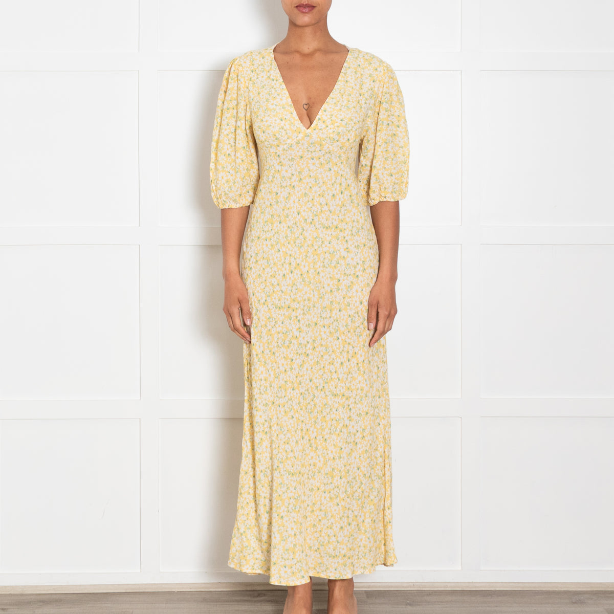 Rixo Yellow Floral Tea Dress with Gingham Tie Back