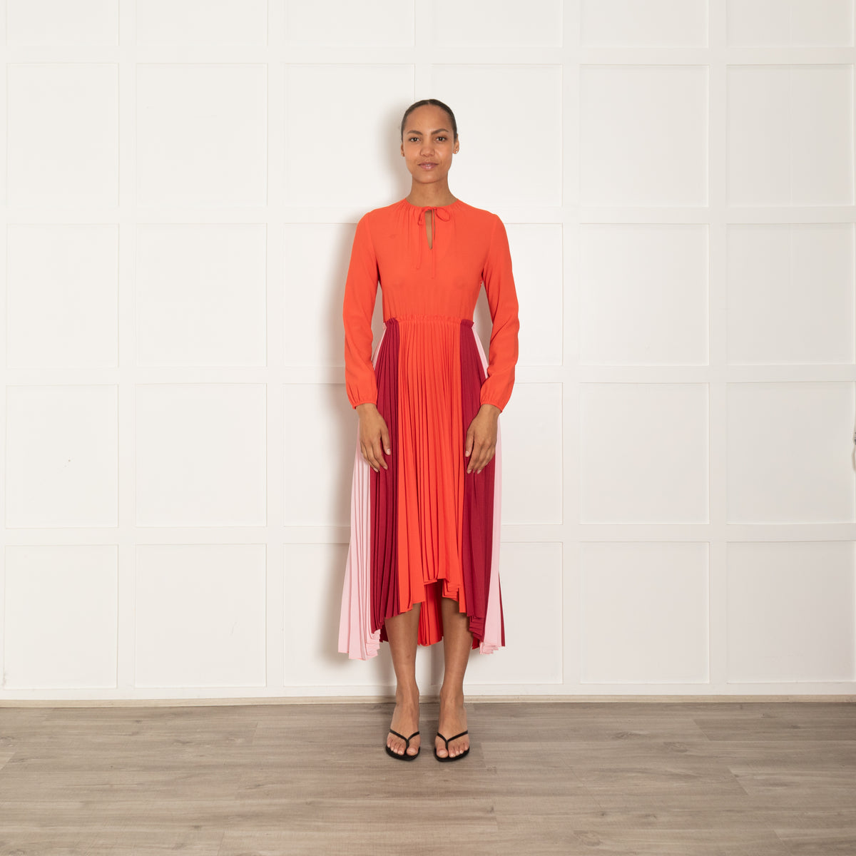 Maje Orange Burgundy Pink Pleated Sleeved Maxi Dress
