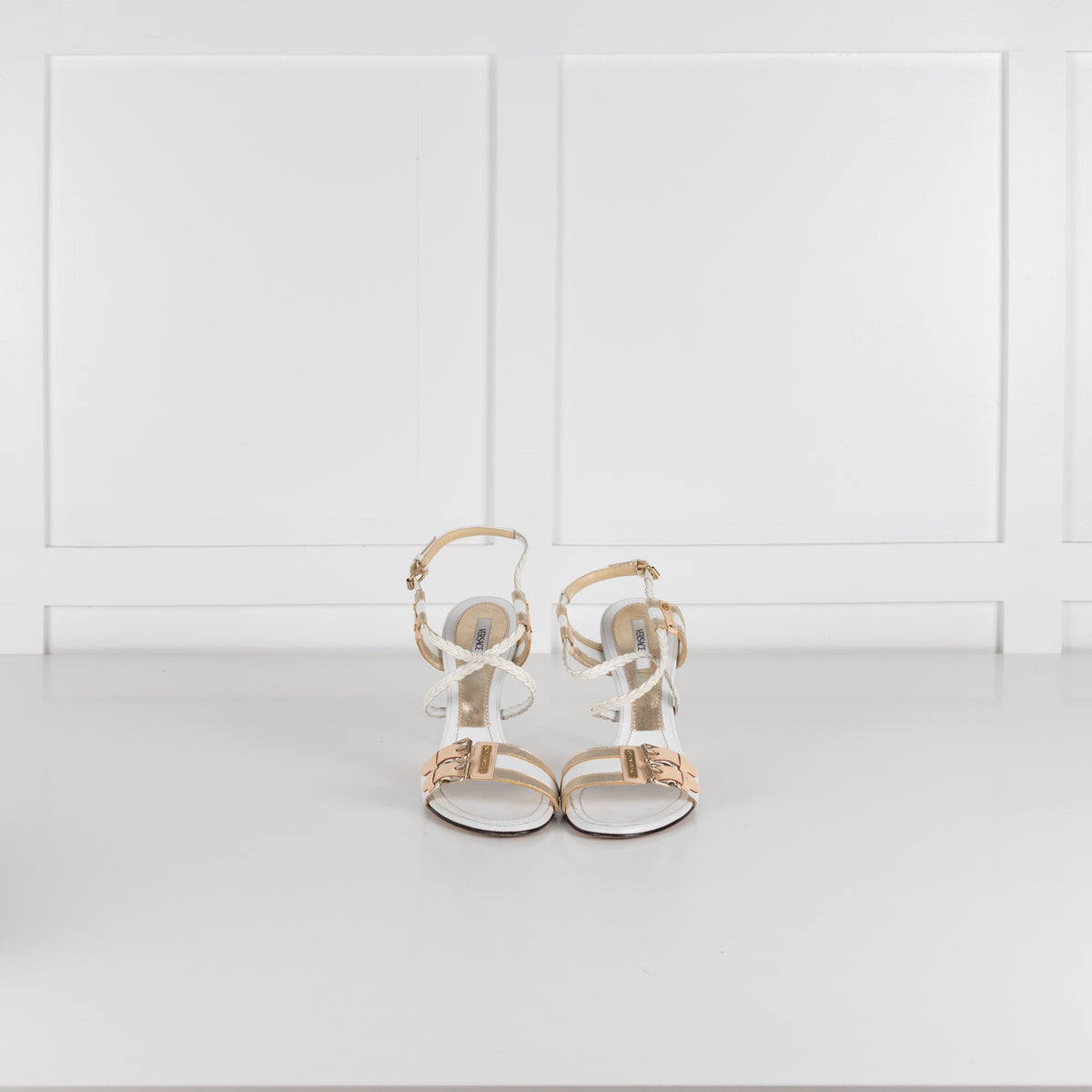 Versace White & Gold Plaited Strappy Buckle Heels