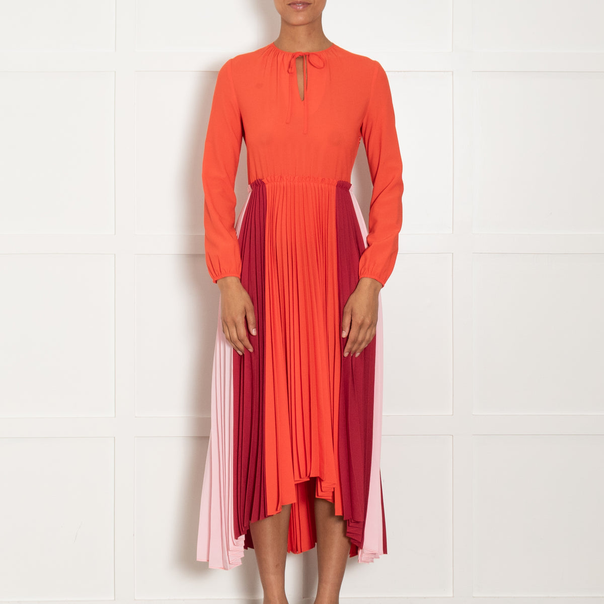 Maje Orange Burgundy Pink Pleated Sleeved Maxi Dress