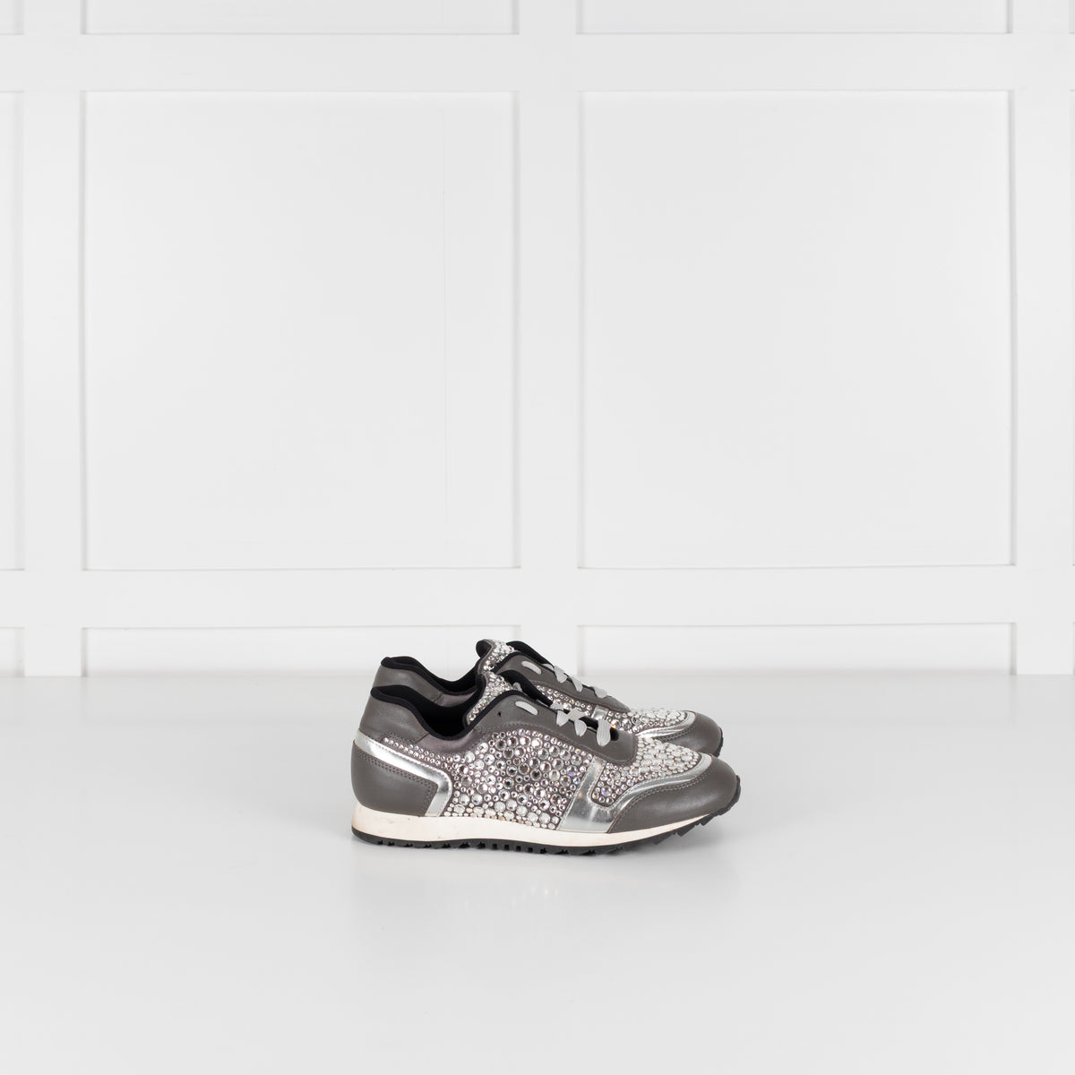 Gina Grey Leather Silver Diamanté Trainers