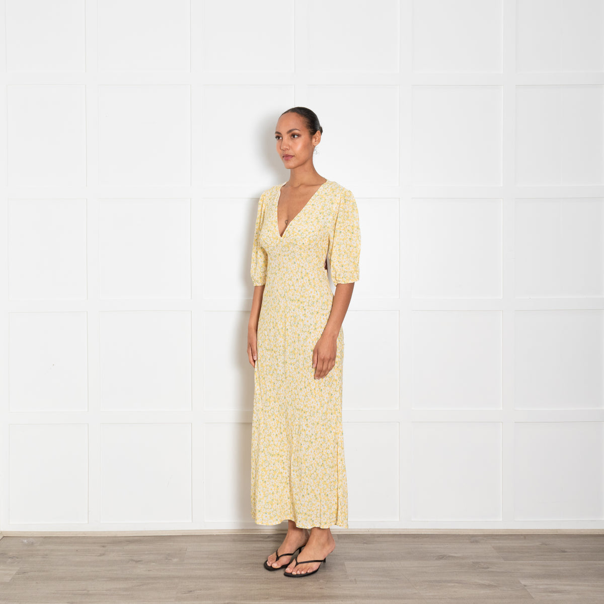 Rixo Yellow Floral Tea Dress with Gingham Tie Back
