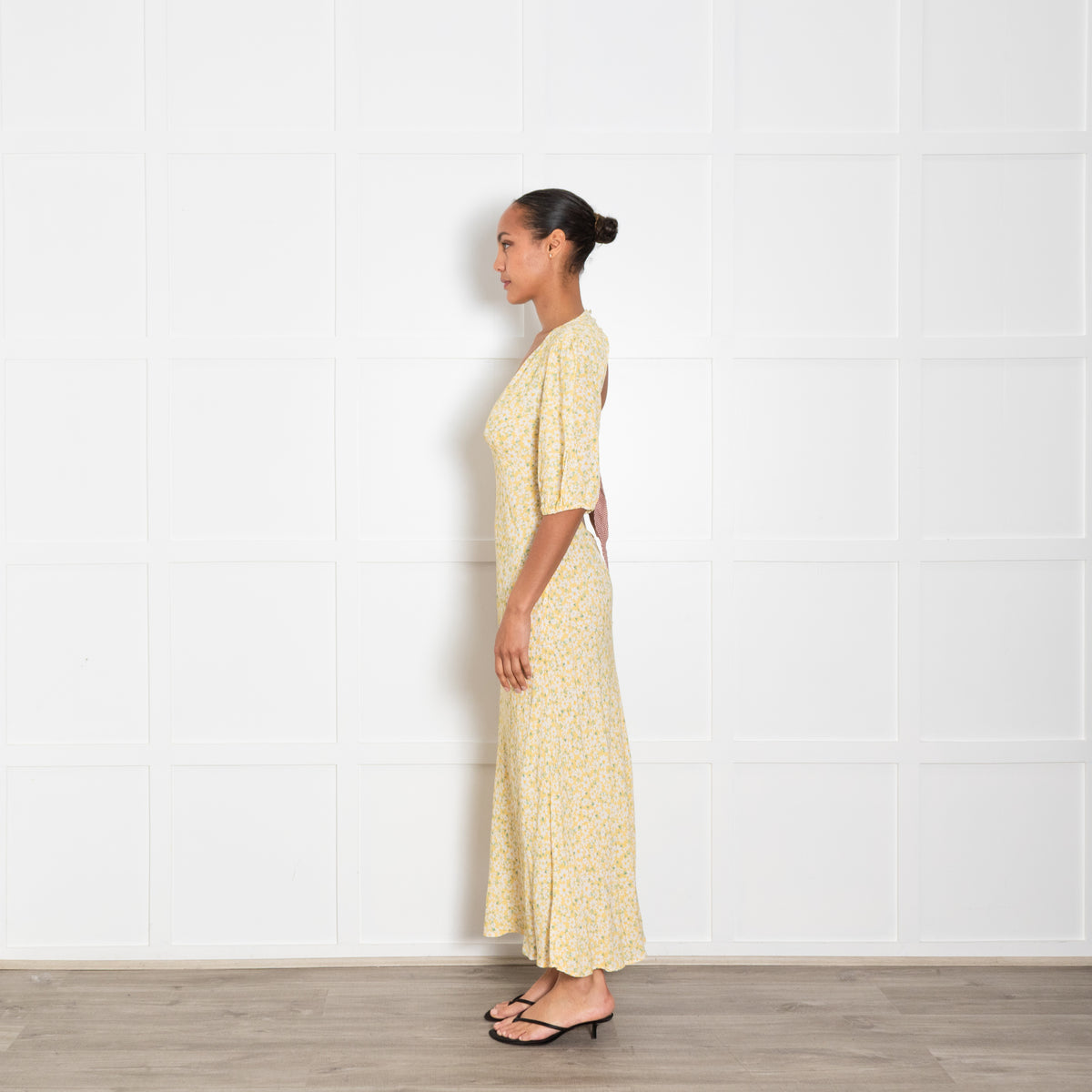 Rixo Yellow Floral Tea Dress with Gingham Tie Back