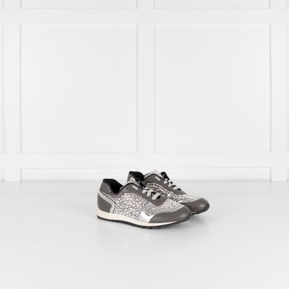 Gina Grey Leather Silver Diamanté Trainers