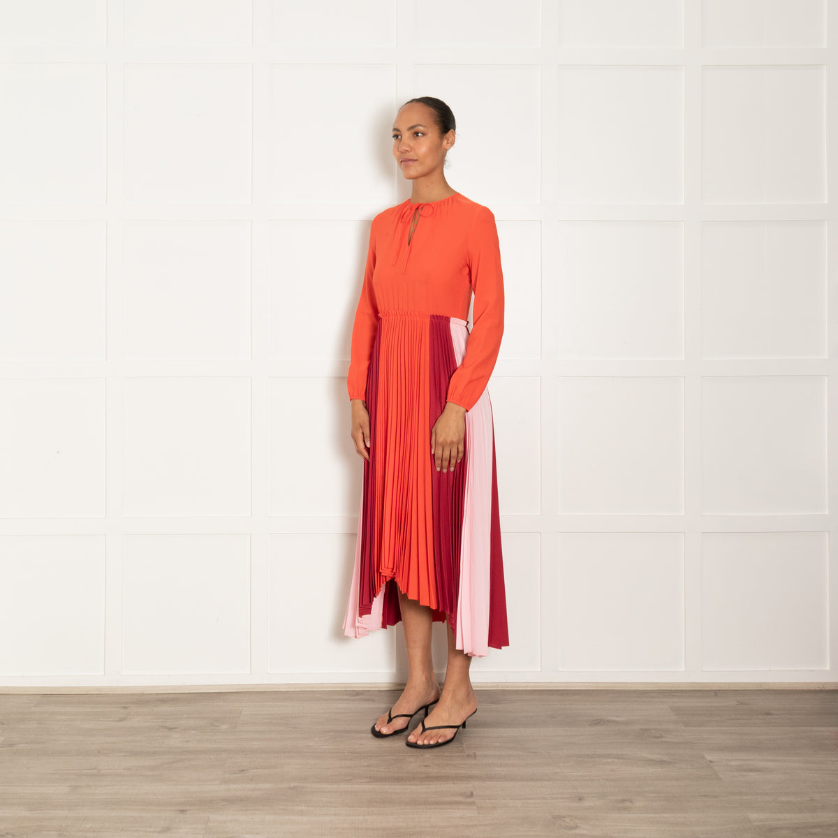 Maje Orange Burgundy Pink Pleated Sleeved Maxi Dress